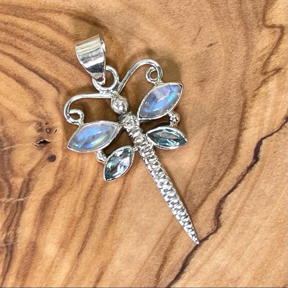 Dragonfly Rainbow Moonstone & Blue Topaz 925 Silvr